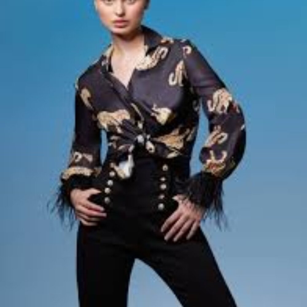 Ooh La La Big Cheetah Marabou Feather Cuffs Blouse - NWOT
